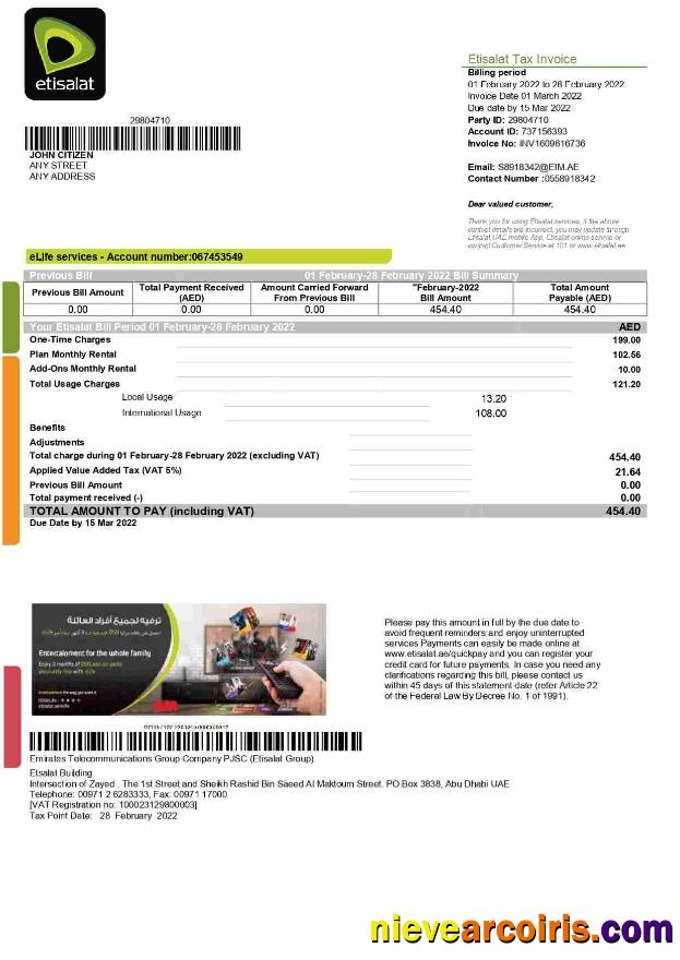 UAE Etisalat utility bill